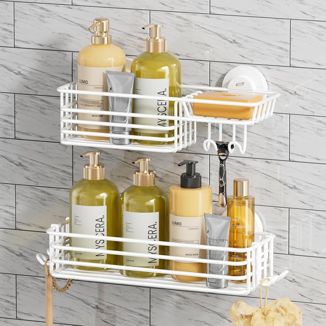 TAILI Shower Caddy Suction Cup 2 Pack with Hooks & Soap Holder, Heavy Duty Shower Organizer for Bathroom, No Drilling Bathroom Organizer with Large Capacity, Metal Storage Basket-White