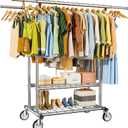 Heavy Duty Clothes Rack, Rolling Clothing Racks With Shelves Load 620 LBS, Double Rod Clothing Racks for Hanging Clothes, Portable& Adjustable Clothes Rack with Wheels Garment Rack, Silver