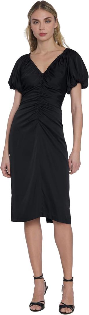 Maggy London Puff Sleeve Below The Knee Ruching | Wedding Guest Dresses for Women (0, Black)