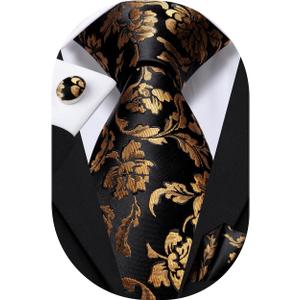 Hi-Tie Mens Plaid Ties Classic Paisley Necktie with Handkerchief Cufflinks Set Business Stripe Tie (Black Gold Floral)