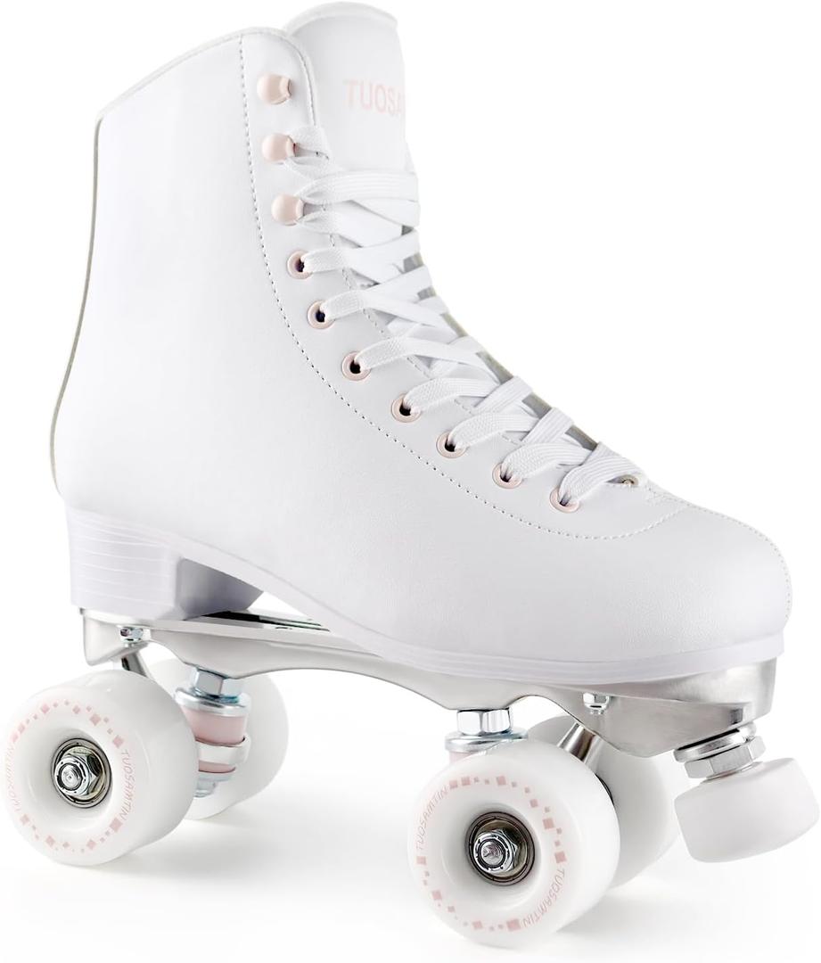 TUOSAMTIN Roller Skates for Women Girls with Height Adjustable Rubber Stoppers Cute Retro Quad Roller Skates for Outdoor and Indoor (9, White)