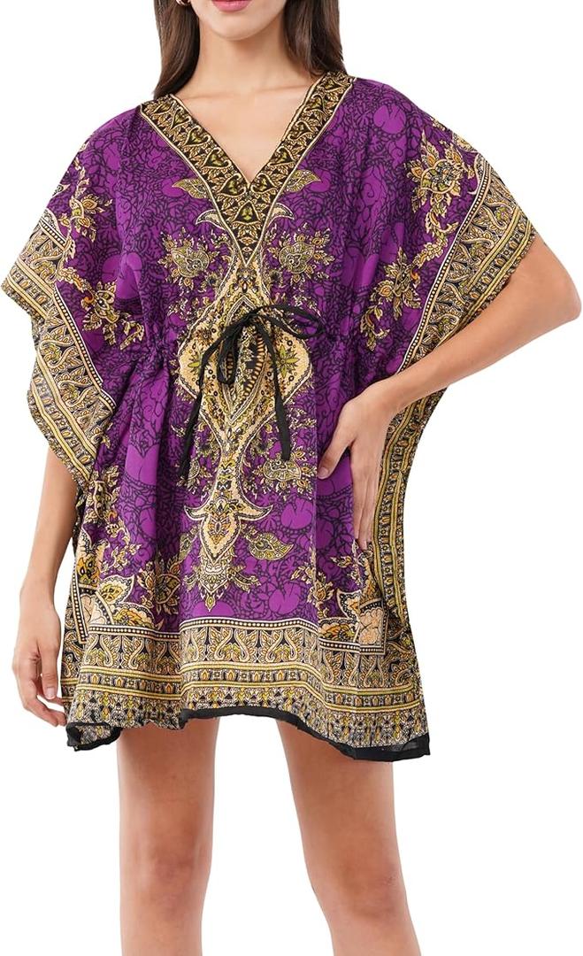 Divine threads Women’s Short Kimono Tunic Kaftan Plus Size Dashiki Caftan Summer Beach Wear, One-Size-Fits-All 35" Length, 60" Bust, 34" Shoulder