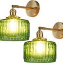 Qufute 2-Pack Glass Wall Sconce Light Green Striped Glass Mid Century Modern Wall Light Fixtures Gold Vintage Bathroom Vanity Lamp Swing arm Wall Lighting for Over Mirror Bedroom Hallway