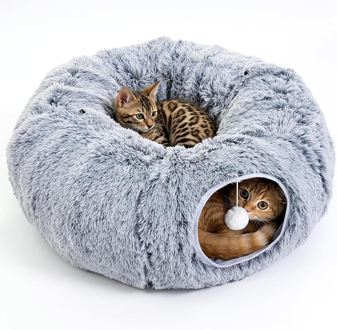 Cat Tunnel Bed for Indoor Cats, Plush Hideaway with Reinforced Frame, Gray XL