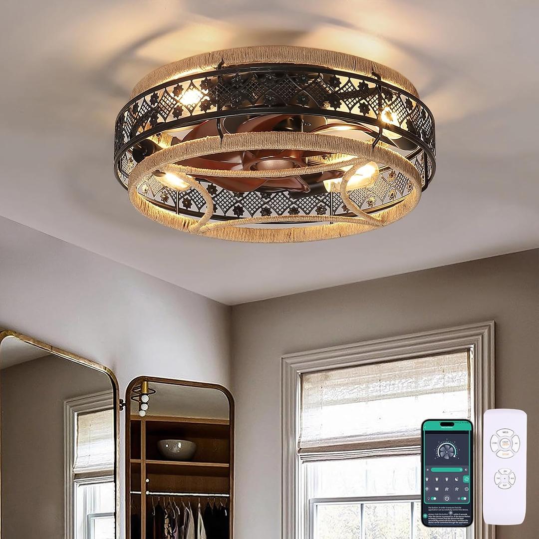 18 Boho Nylon Cage Ceiling Fans with Lights and Remote, Black Flush Mount Ceiling Fan, Farmhouse Small Fan Lamp Lighting Fixture for Living Room, Reversible(Bulbs not Included) (Brown)