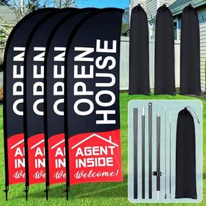 Buryeah 4 Pack Open House Flags Signs for Real Estate Agents 7x5.4 Ft Feather Flag Sign with Flagpole Ground Stake Portable Bag Real Estate Flags Opening Signs Banner Set for Business (Black)