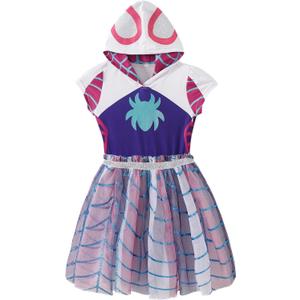 Marvel Spidey & His Amazing Friends Ghost Spider Girls Cosplay Hooded Tulle Dress for Toddler and Big Kids (5, White/Purple)