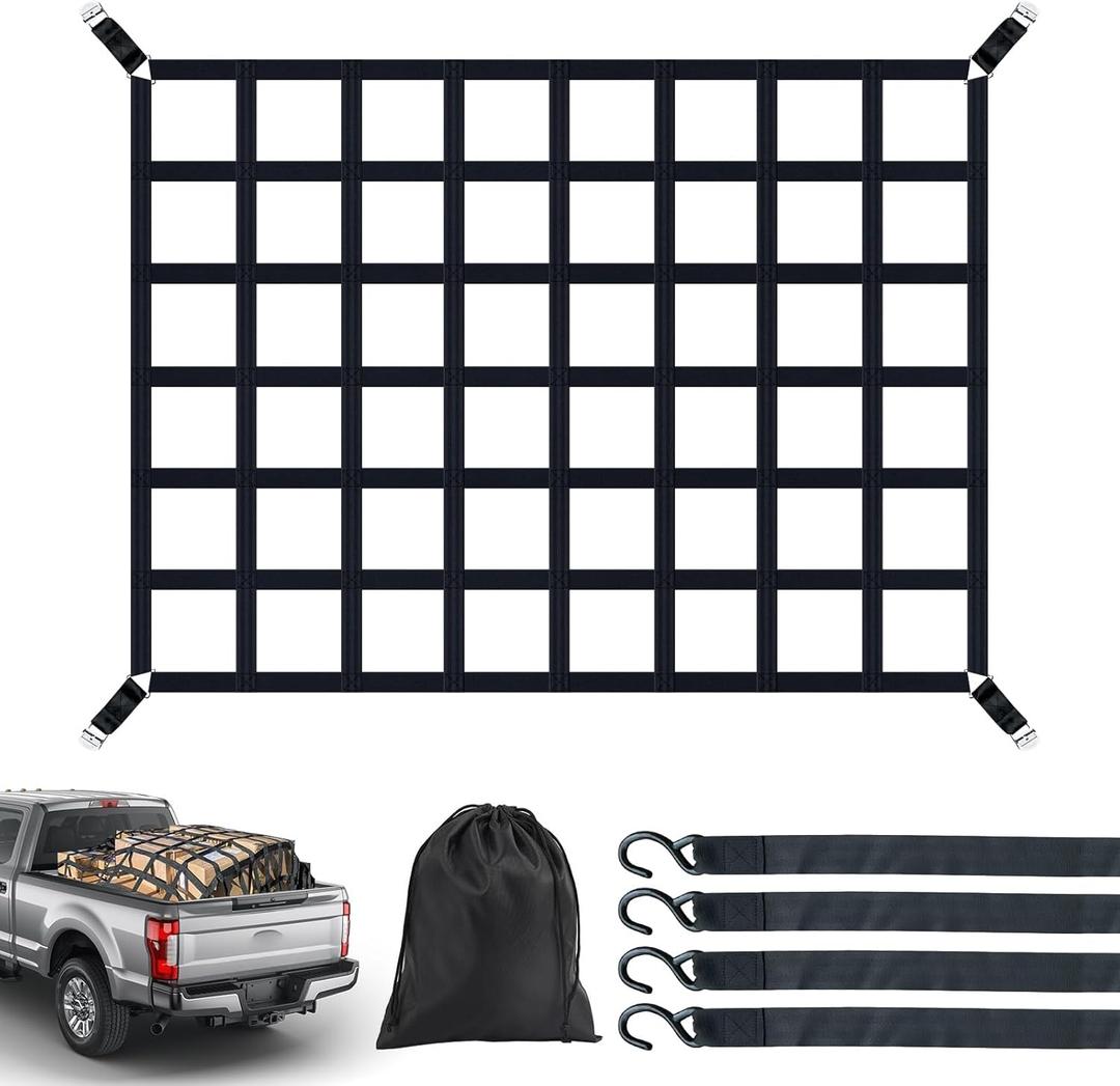 Heavy Duty Cargo Net for Pickup Truck Bed 66" x 50" 1100 lbs Capacity with Adjustable Cam Buckles S-Hooks and Drawstring Storage Bag, Durable Nylon for Trailers and Trucks
