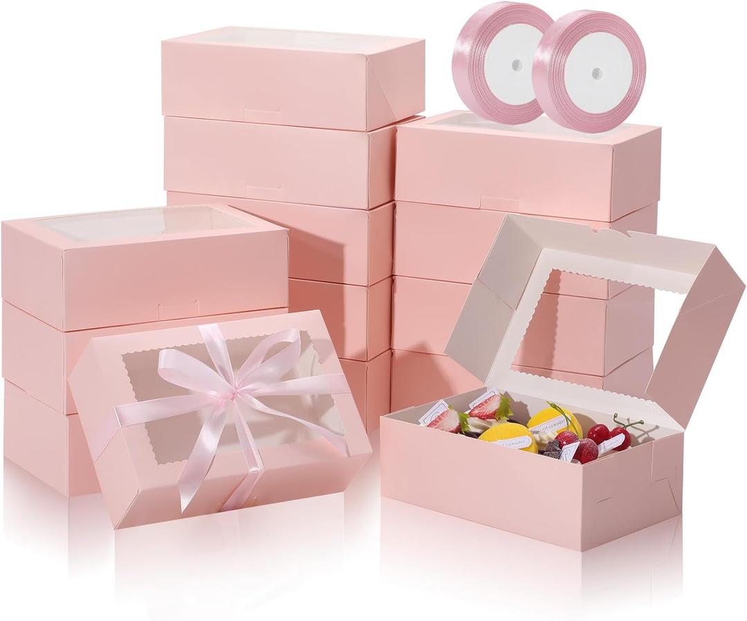 COTOPHER 30Pcs Cookie Boxes with Ribbons, 9x6x3 Inch Bakery Boxes with Window, Pink Treat Containers for Pastries, Chocolate Covered Strawberries, Dessert, Easter Candy, Muffins, Donuts