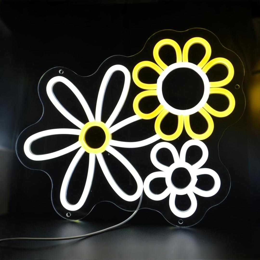 Daisy Flower Neon Sign,Led Signs for Wall,13.39x13.23 inches,USB or 3-AA Battery Operated Vintage Decor LED Neon Wall Signs