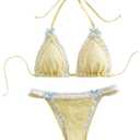 QJQ Women's 2 Piece Lace Trim Bow Tie Bikini Set Cheeky Swimsuit Cute Y2K Bathing Suits 2025 Summer Outfits Yellow Medium (M)