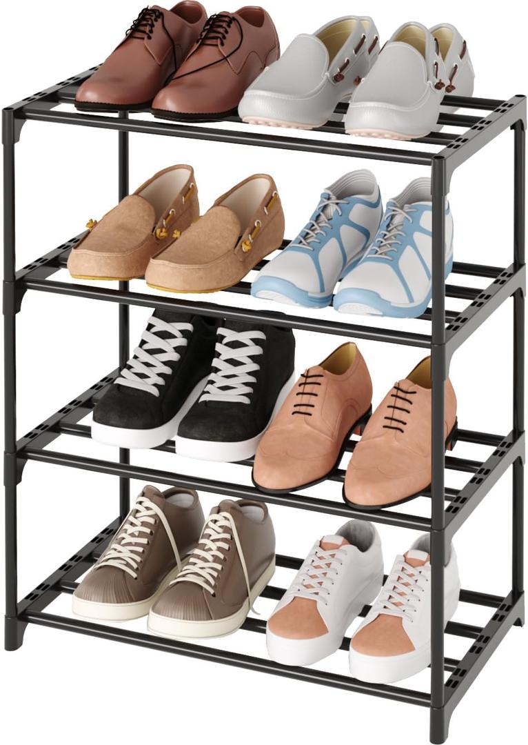 Metal Small Shoe Rack,Stackable Kids Shoe Stand,Narrow Shoe Storage Shelf for 8-10 Pairs of Shoes Entryway and Closet Hallway (4-Tier, Black)