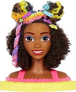 Barbie Totally Hair Styling Doll Head & 20+ Accessories, Color Reveal & Color-Change Pieces, Curly Brown Neon Rainbow Hair
