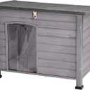 Indoor Outdoor Dog House,Anti-Chewing Iron Frame Dog Kennel,Wood Warm Pets Home,Weatherproof Outside Shelter for Feral Animal 33.5" (L) X 22" (W) X 25.2" (H) Grey