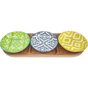 Chip and Dip Serving Set, Chips and Dip Serving Dish with Wood Tray, Small Serving Bowls/Dipping Dishes for Condiments, Side Dishes, Dipping,(Bohemian)