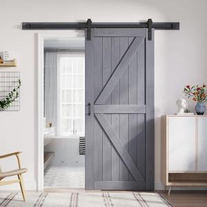 FREDBECK 36in x 84in Gray Wood Barn Door Slab with 6.6ft (79inch) Barn Door Hardware Track Kit Included, Double Surfaces,Simple Assembly is Required,K-Frame,Grey