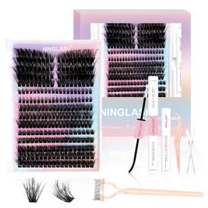 NINGLASH Diva Lash Clusters Kit Fluffy DIY Eyelash Extension, Individual Lashes Cluster Lashes 272pcs Thick Faux Cat Eye Mink DIY Lash Extension Kit, Lash Bond and Seal Remover Tweezer Comb Brush