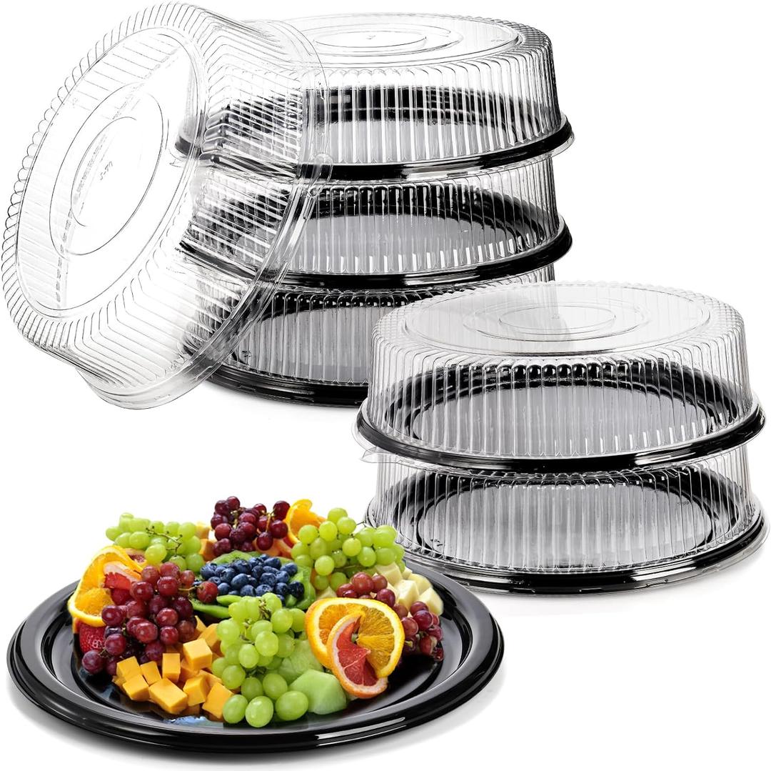 Frcctre 6 Pack 16 inch Plastic Serving Tray with Clear Lid, Heavy Duty Round Large Appetizer Serving Trays Catering Tray Party Platters for Vegetable Catering Picnic