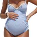 OYOANGLE Women's Maternity One Piece Swimsuits Textured Shell Decor V Neck Pregnancy Bathing Suit (Medium, Blue)