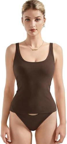 SUUKSESS Women Padded Cotton Ribbed Long Tank Tops 2025 Summer Going Out Basic Scoop Neck Cami Tops, M
