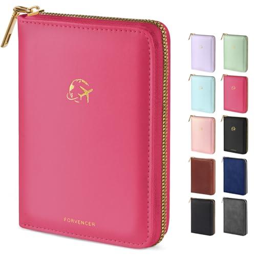 Forvencer Passport Holder Cover with Safe Zipper Closure, Premium Passport Wallet for Travel, Cute RFID Blocking Card Case, Waterproof Travel Accessories for Women, Hot Pink