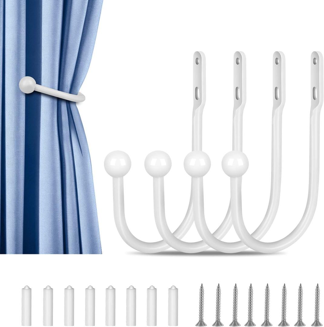 4 PCS Curtain Holdbacks, Wall Mounted Drapery Tiebacks Simple Style, White