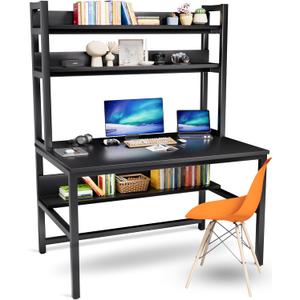 Aquzee Computer Desk with Hutch and Bookshelves, Large Leg Room 47 inch Width Black Desk with Space Saving Storage Shelves for Home Office, Study, Work, Easy Assemble