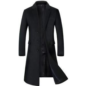ebossy Men's Wool Blend Full Length Overcoat Single Breasted Long Coat with Flap Pocket (Large, Black)