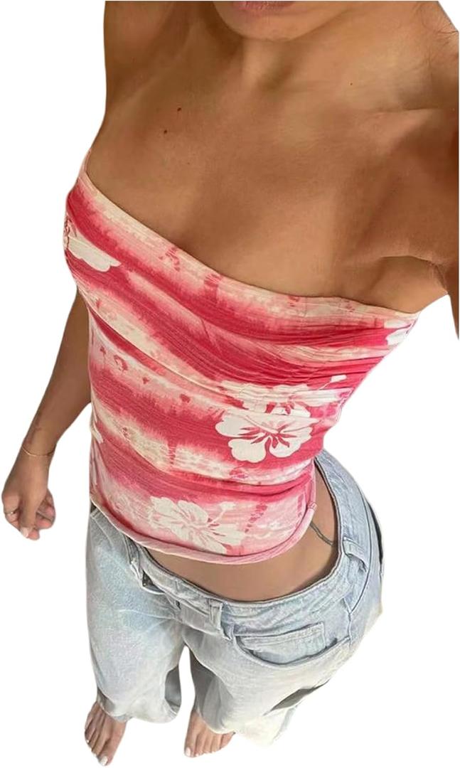 SOLY HUX Women's Summer Floral Print Going Out Bandeau Sleeveless Crop Tops Vintage Y2K Streetwear (Red, S)