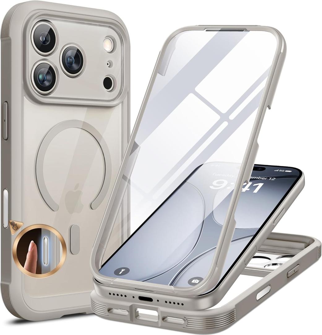 Miracase for iPhone 17 Pro Max Case 6.9" Full-Body Phone Case with Built-in Glass Screen Protector& Full Camera Protector,[Magnetic with MagSafe] Drop Proof 17 ProMax Cover, Grey Titanium