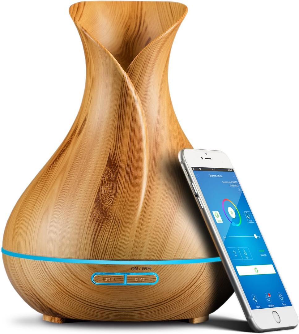 Smart WiFi Wireless Essential Oil Aromatherapy Diffuser - Works with Alexa & Google Home  Phone App & Voice Control - 400ml Ultrasonic Diffuser & Humidifier - LED & Timer Settings (Light Brown)