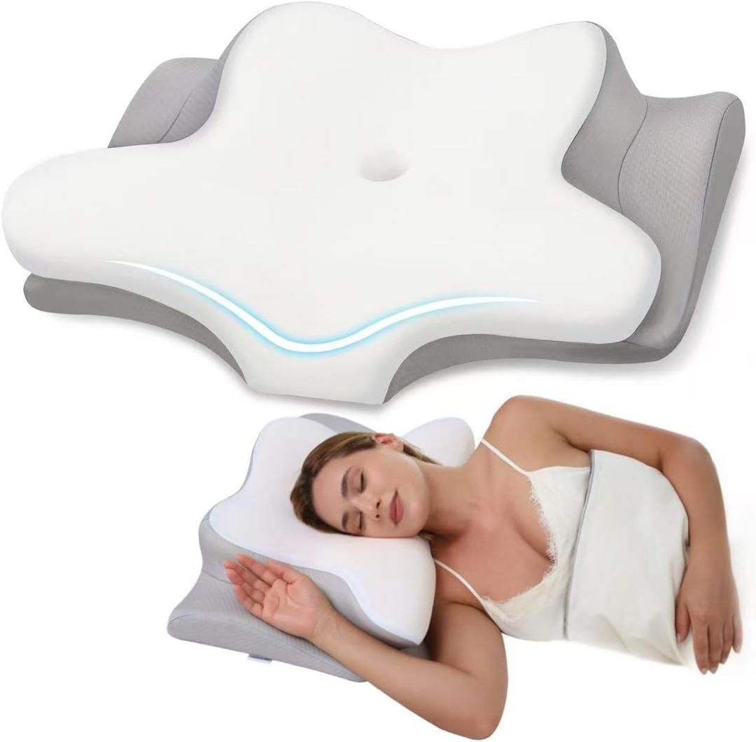Cervical Neck Pillow, Memory Foam Pillows for Neck and Shoulder Pain Relief, 2 Heights Ergonomic Pillow with Breathable Ice Silk Cover, Neck Support Pillow for Side Sleepers White