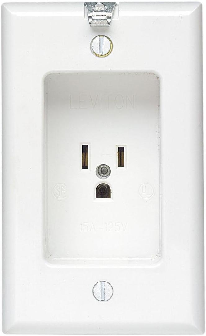 Leviton 15 Amp/125V 1 Gang Recessed Single Receptacle, Residential Grade, with Clock Hanger Hook, 688-W, White