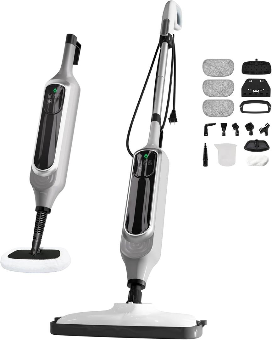 12 in 1 Steam Mop, Detachable Handheld Steam Cleaner for Home, 23FT Cord, for Hardwood Floor Cleaning, Tile, Carpet, Furniture, Clothes, Windows, Grey