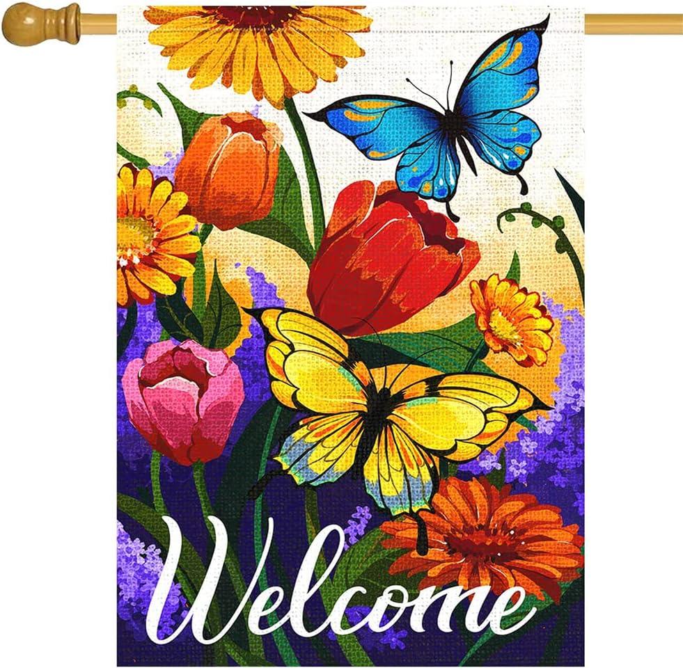 Louise Maelys Welcome Spring Floral House Flag 28x40 Inch Double Sided, Burlap Large Spring Summer Butterfly Yard for Seasonal Outside Outdoor House Decoration