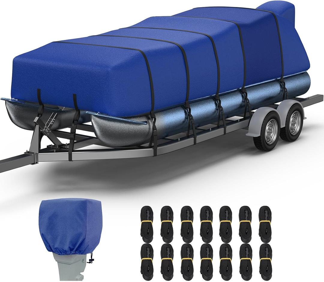 RVMasking Pontoon Boat Cover with Motor Cover, 1400D Heavy Duty Middle Reinforced, Marine Grade Waterproof Boat Cover for Length: 25'-28', Beam Width up to 102", Blue