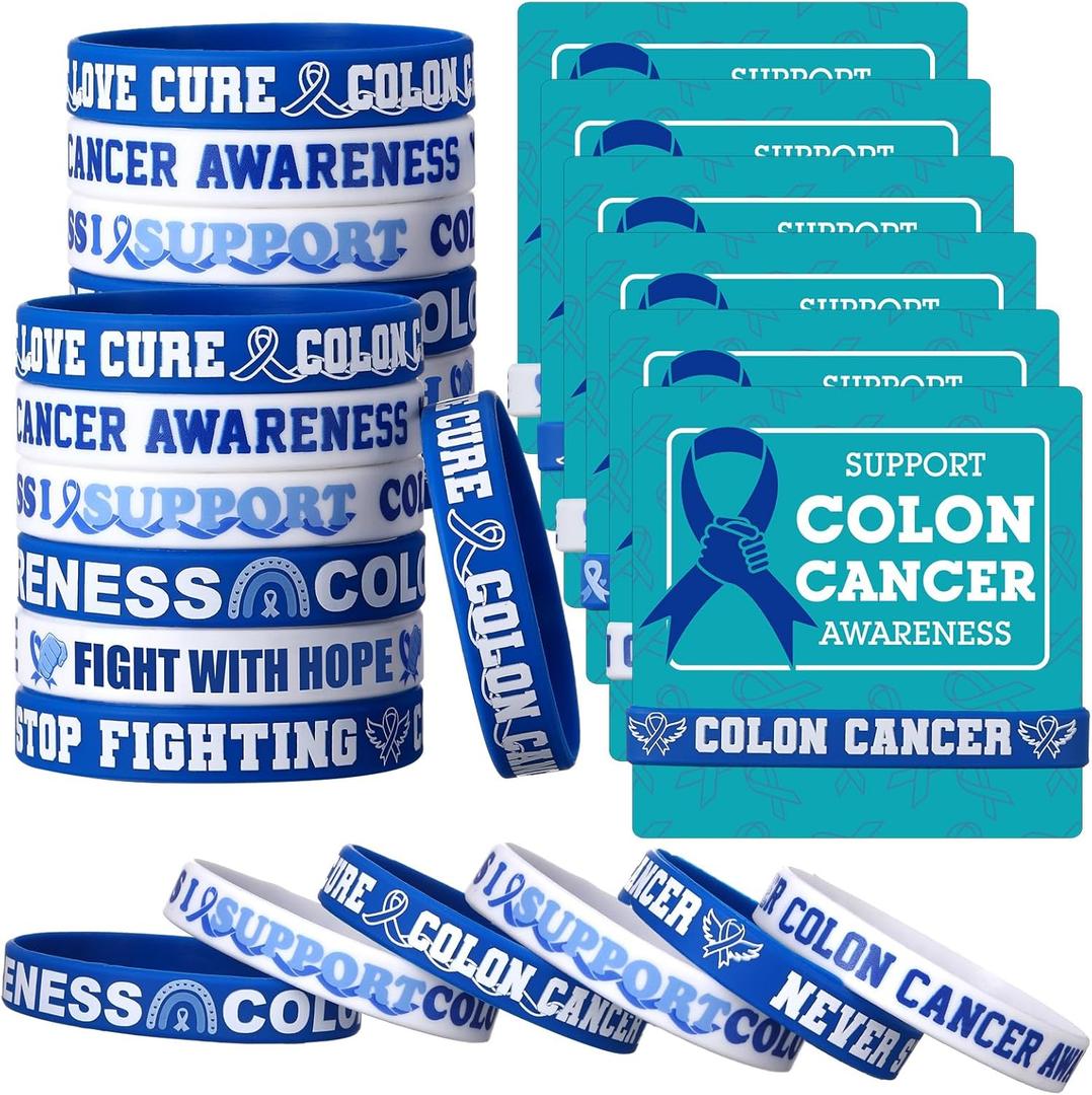 30 Sets/ 60 Pcs Colon Cancer Awareness Silicone Wristbands with Blue Ribbon Cards Bulk, Blue Ribbon Awareness Supplies for Charity Support Events Cancer Prevention Event Supplies