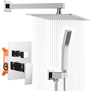 HGN 10 Inches Bathroom Luxury Rain Mixer Shower Combo Set, Wall Mounted Rainfall Shower Head System, Chrome Shower Faucet Rough-in Valve Body and Trim Included