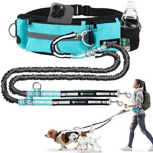 Waist Leash for Double Dog Walking 2 Medium and Large Dogs; Shock-Absorbing, No Pull, No Tangle, Heavy Duty, Hands-Free Double Bungee 2 Dog Leash; Hiking, Walking, Running Gear with Multiple Pockets
