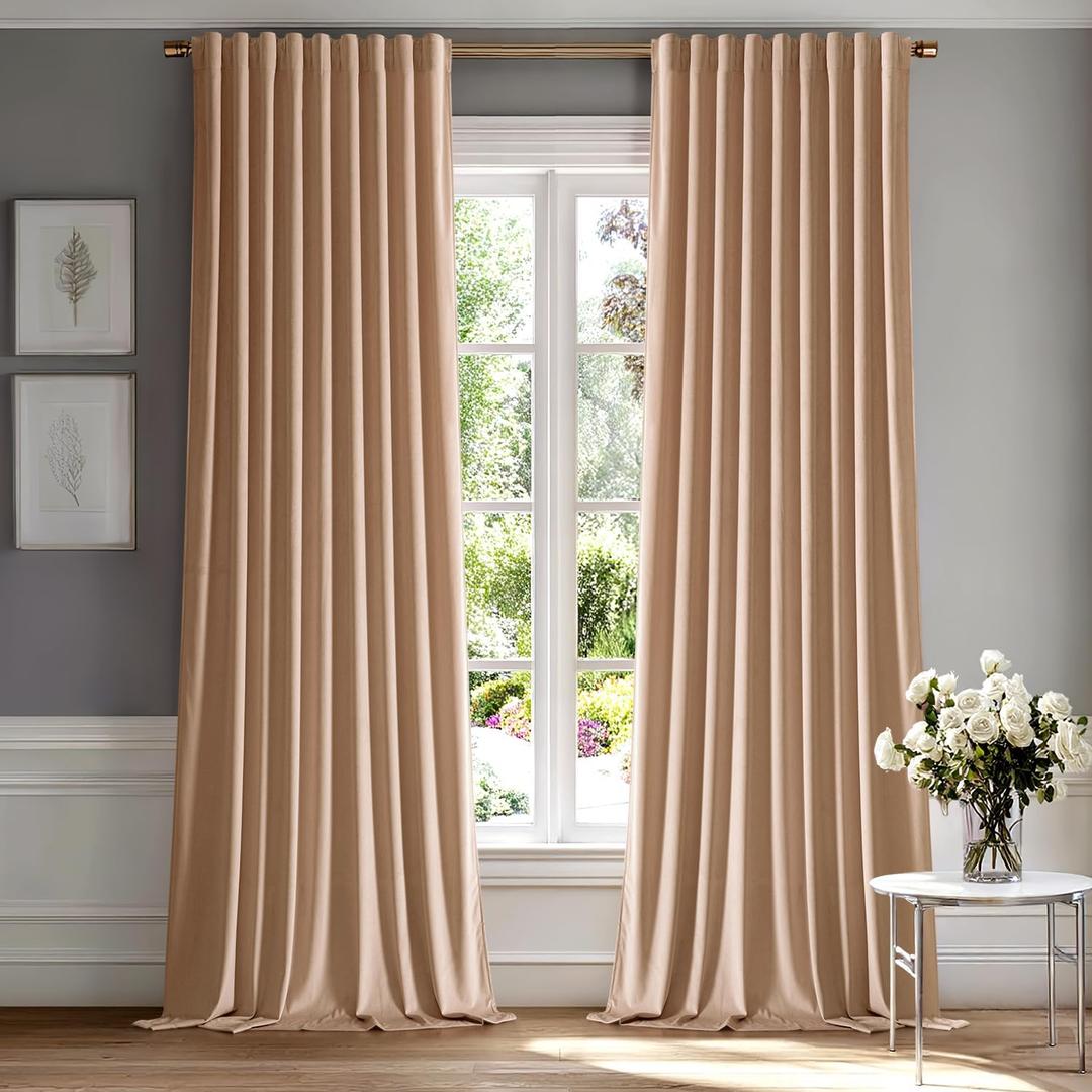 MIULEE Blush Beige Velvet Curtains 90 inches - Luxury Blackout Curtains for Bedroom Living Room Thermal Insulated Super Soft Window Drapes Rod Pocket & Back Tab, W52 x L90 inches, 2 Panels