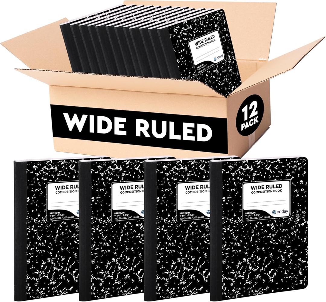 Emraw Composition Notebook Wide Ruled (12 Pack) Hard Cover Marble composition notebook, 100 Sheets, Wide Ruled Composition Notebooks, White Paper Composition books, Black and white composition notebook.