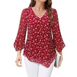 Furnex 3/ 4 Length Sleeve Womens Tops：Work Attire - Business Casual blouses for Women - Tunics to Wear with Leggings Elegant Dressy Tops for Women Night Out Womens Fashion Tops Formal evening Red XL