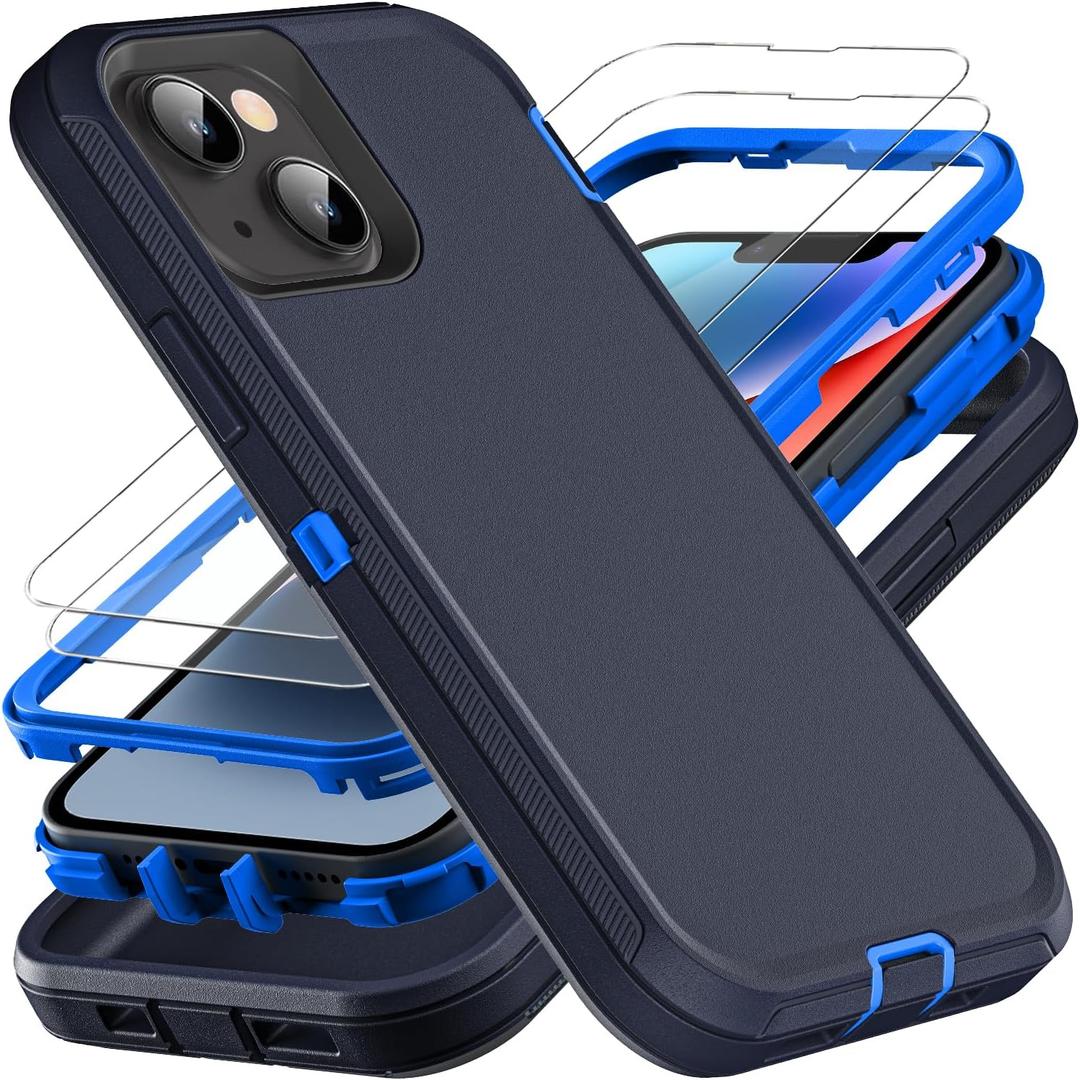 Military Grade 3 in 1 Heavy Duty Case for iPhone 13/14 - Shockproof, Drop Proof, Dust Proof With 2Pcs Tempered Glass Screen Protector (Navy Blue)