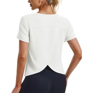 MAGCOMSEN Women's Cropped Workout Tops Short Sleeve Split Back Quick Dry Athletic Shirts Breathable for Running Yoga (White, S)