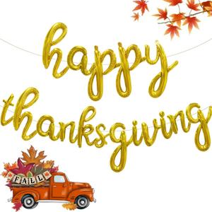 Happy Thanksgiving Gold Letter Balloons, 18 Inch Friendsgiving Decorations Script/Cursive Mylar Balloons Garland Autumn Fall Harvest Party Favors for Outdoor Indoor Bathroom Yard Window Home Bedroom