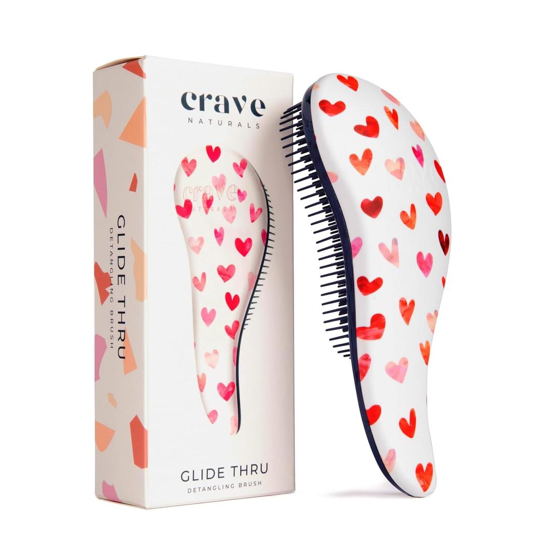 Crave Naturals Glide Thru Hair Brush - Detangler Brush for Curly, Straight, Wet or Dry Hair - Gentle Detangling Brusheses for Adults, Kids, Toddlers - Hair Accessories for Women, 7.5"x3" - Pink Hearts (1 Pack (Regular))