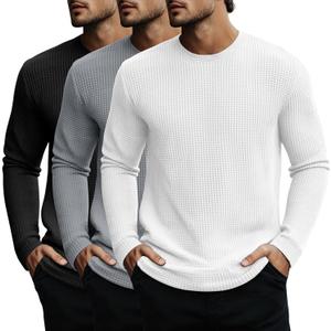 Evervibe 3 Pack Men's Big and Tall Long Sleeve Shirts, Waffle Crew Neck Thermal Underwear Tops Lightweight Casual Undershirts (Black, XXXL)