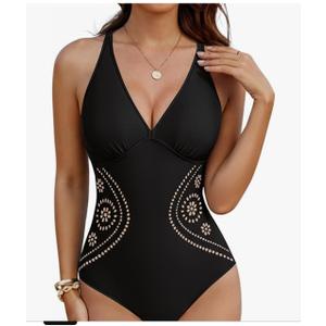 Blooming Jelly Womens Tummy Control One Piece Swimsuit V Neck Slimming Bathing Suits Cut Out Color Block Swim Suits,M