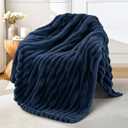 Exclusivo Mezcla Fleece Throw Blanket for Couch, Super Soft Striped Jacquard Bed Blanket, Lightweight Fuzzy Cozy for All Seasons, 50x60 Inches, Navy Blue