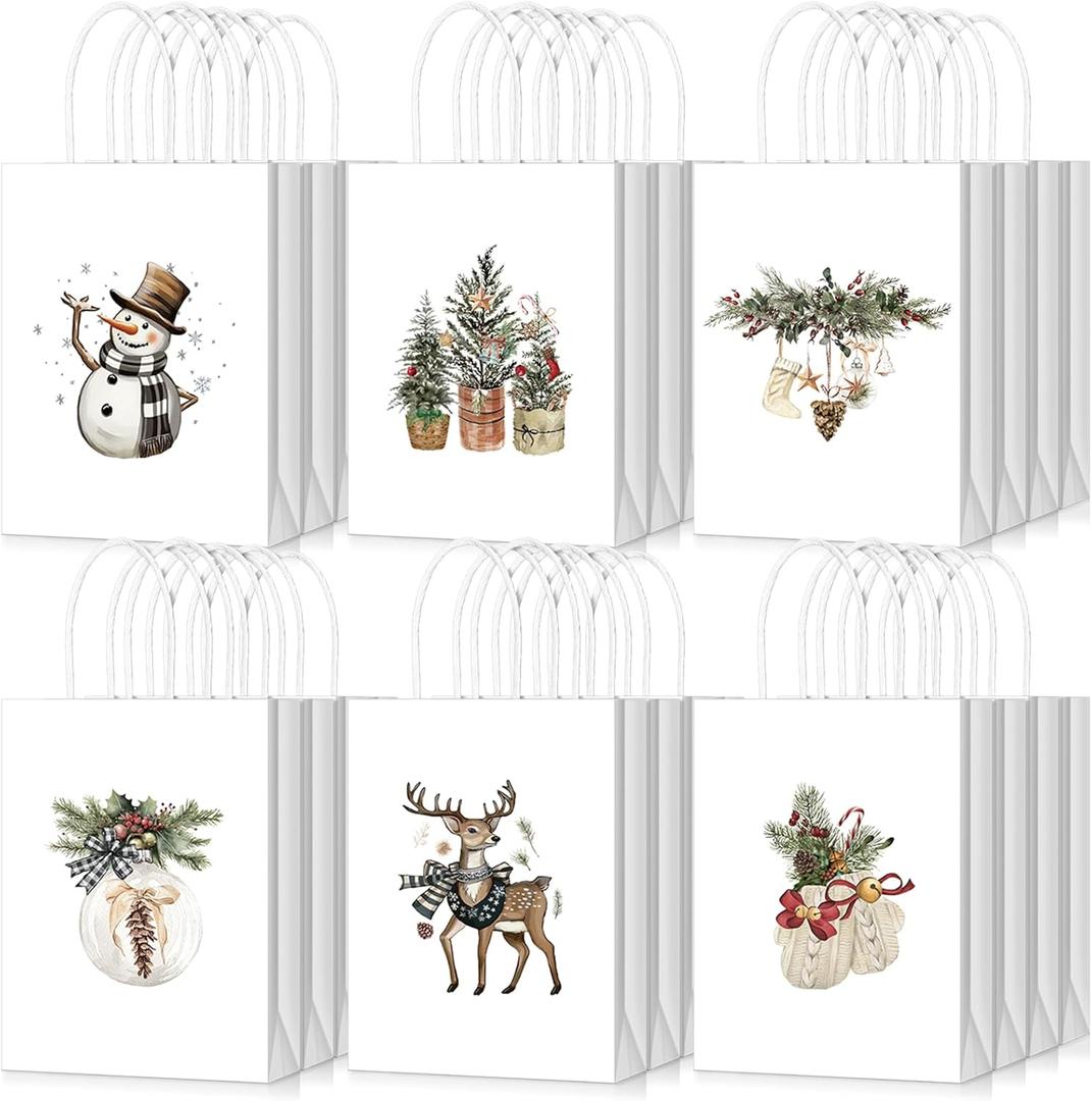 Kolldenn 24 Pack Modern Rustic Christmas Gift Bags with Handle Boho Watercolor Christmas Small Paper Gift Wrapping Bags for Xmas, Winter Weddings, Birthdays